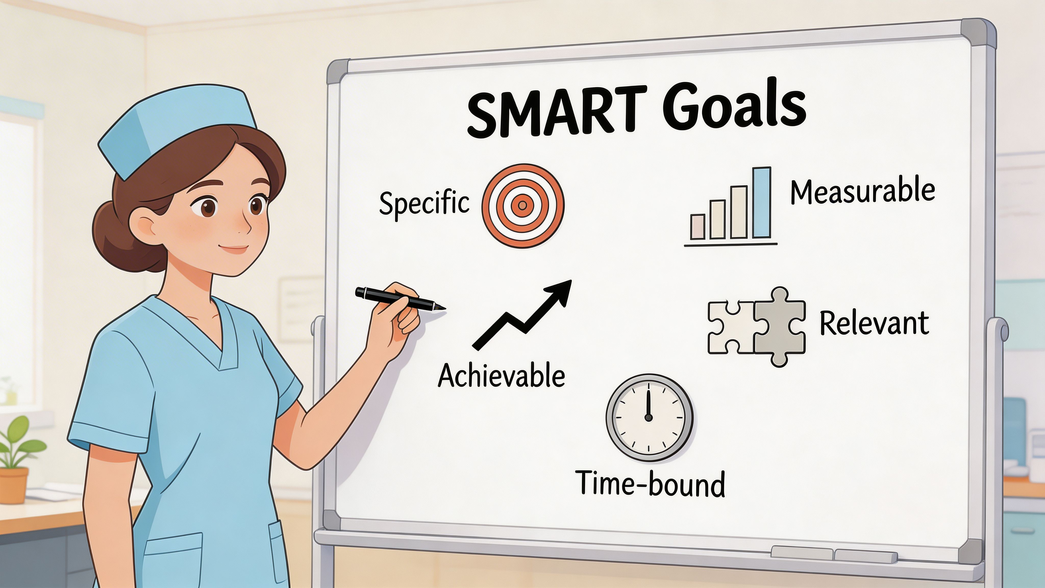 A female nurse presenting the SMART goals framework on a whiteboard in a clinical setting.