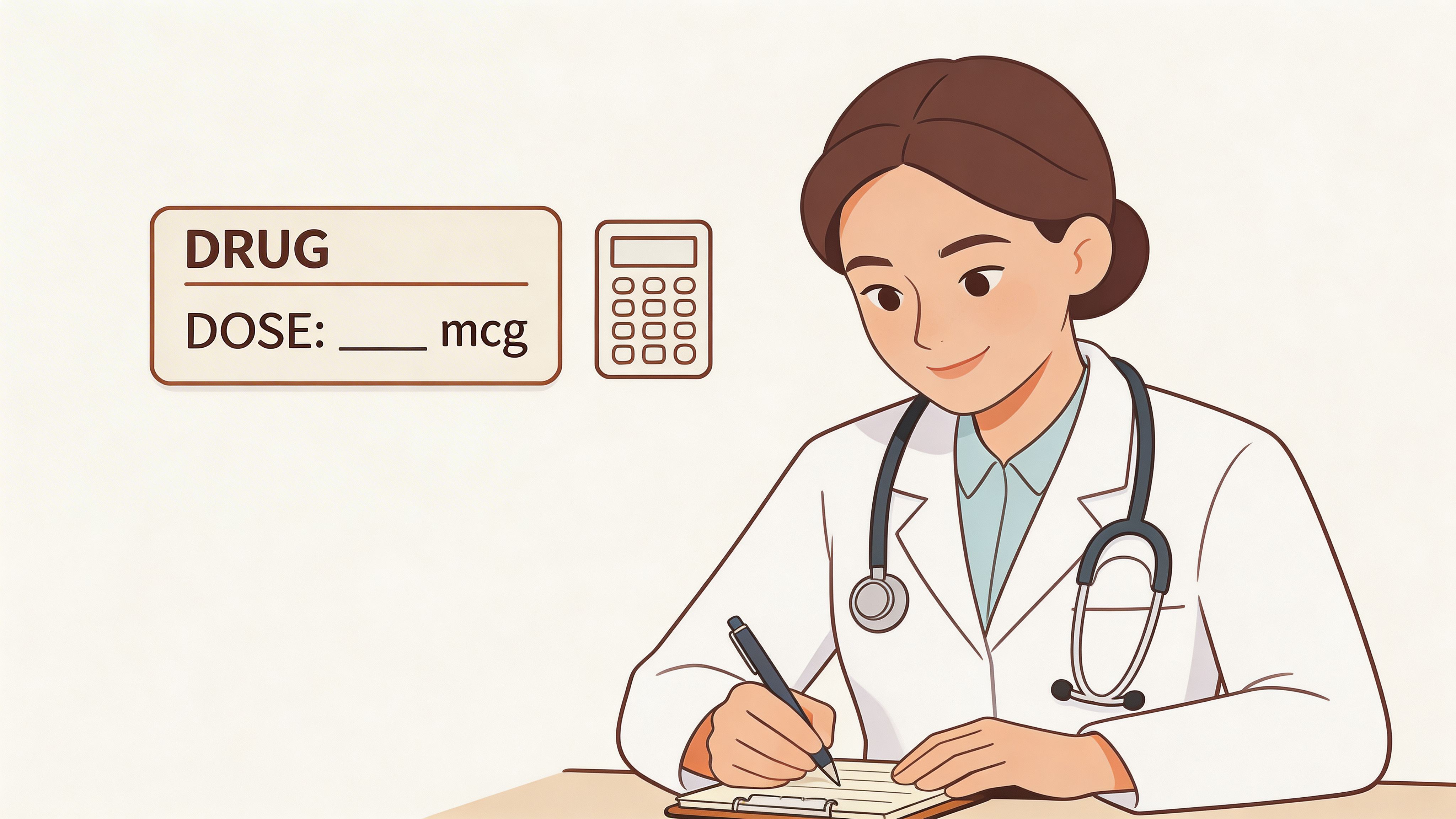 A female doctor in a white coat writing on a clipboard with a drug dosing calculation nearby.