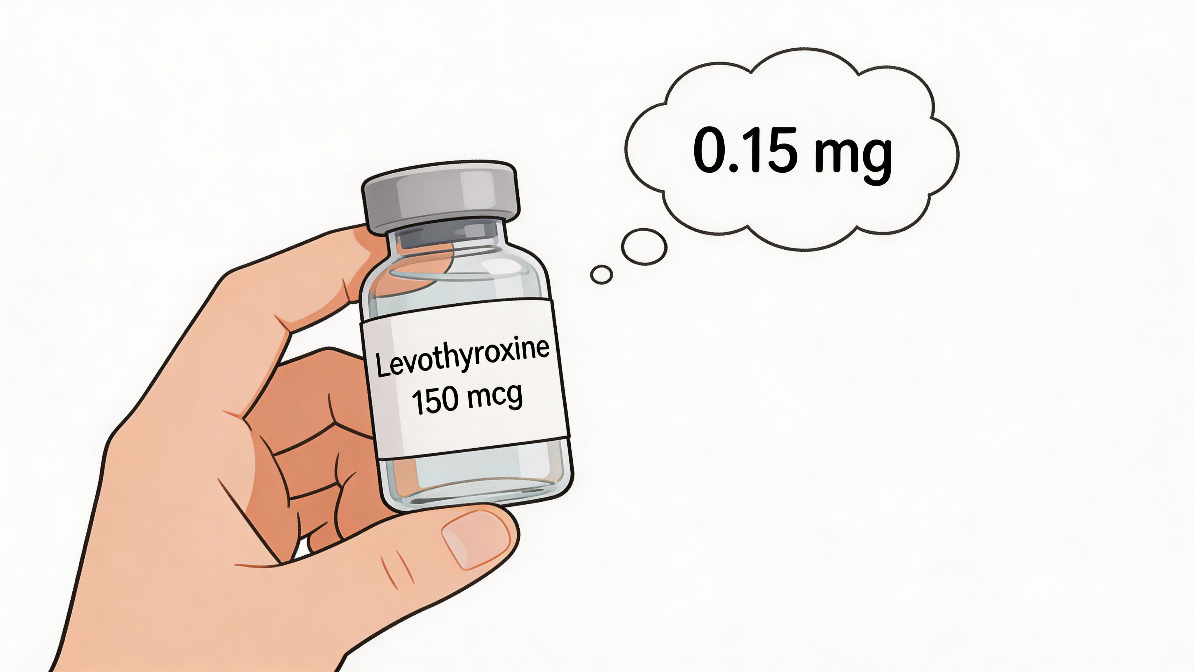 A hand holding a medicine vial labeled Levothyroxine 150 mcg with a thought bubble showing 0.15 mg.