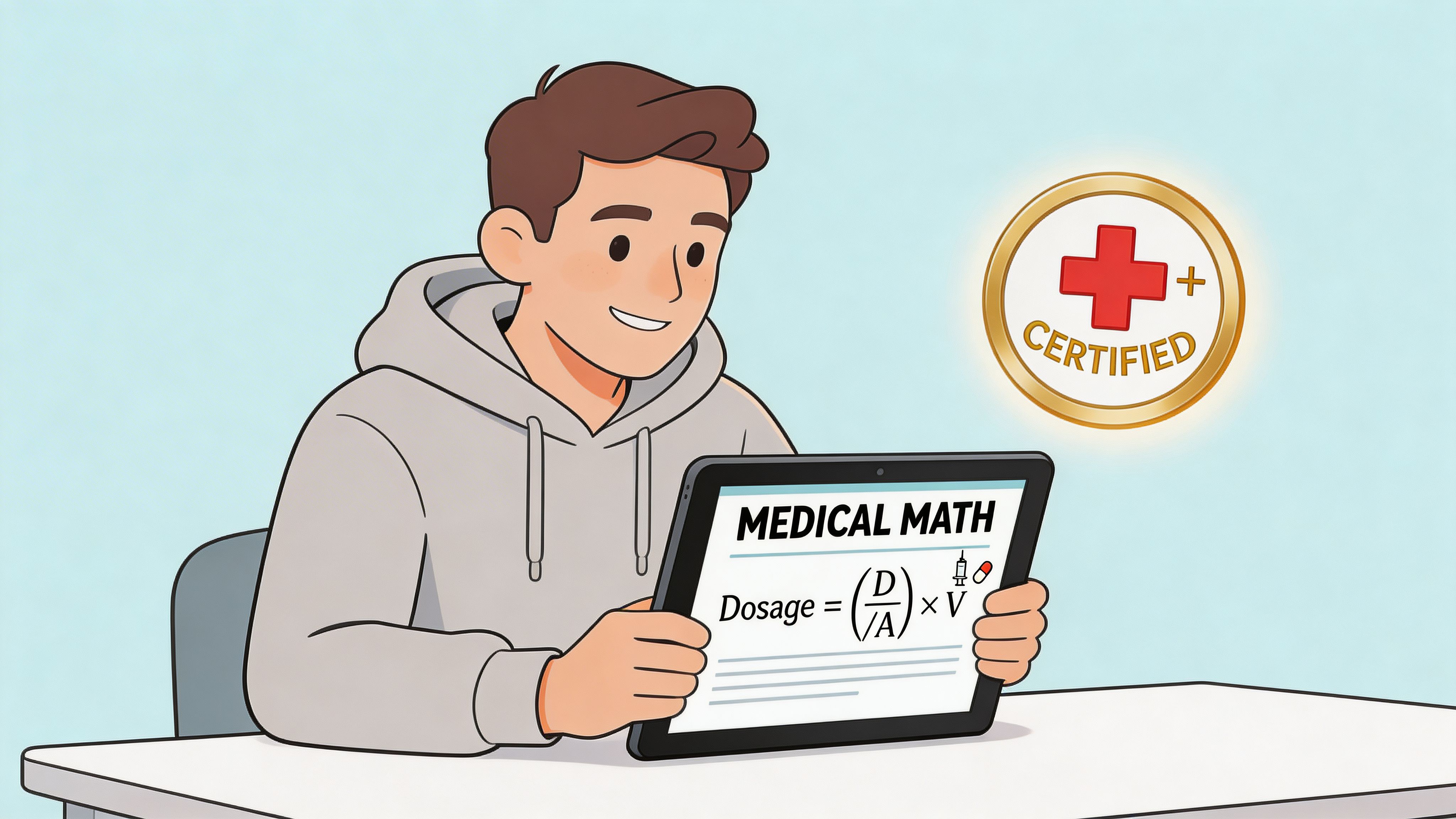 A young man holding a tablet displaying a medical math dosage formula with a certified emblem nearby.