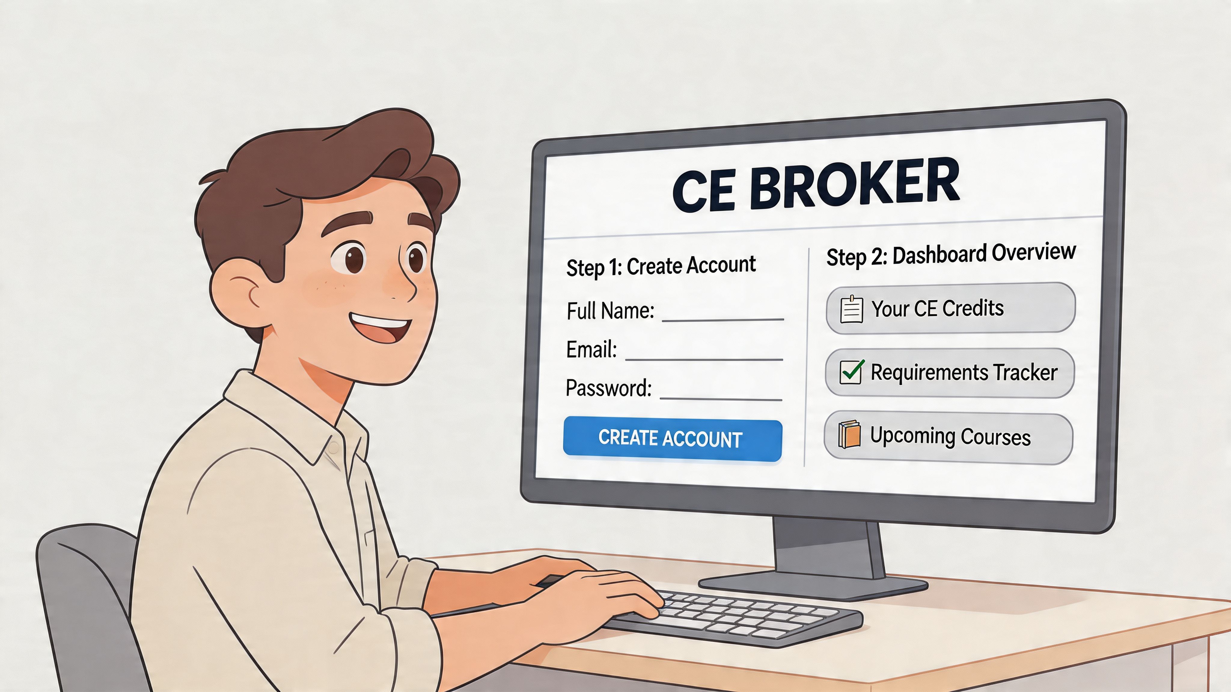 A happy man sitting at a desk and creating an account on the CE Broker website interface.
