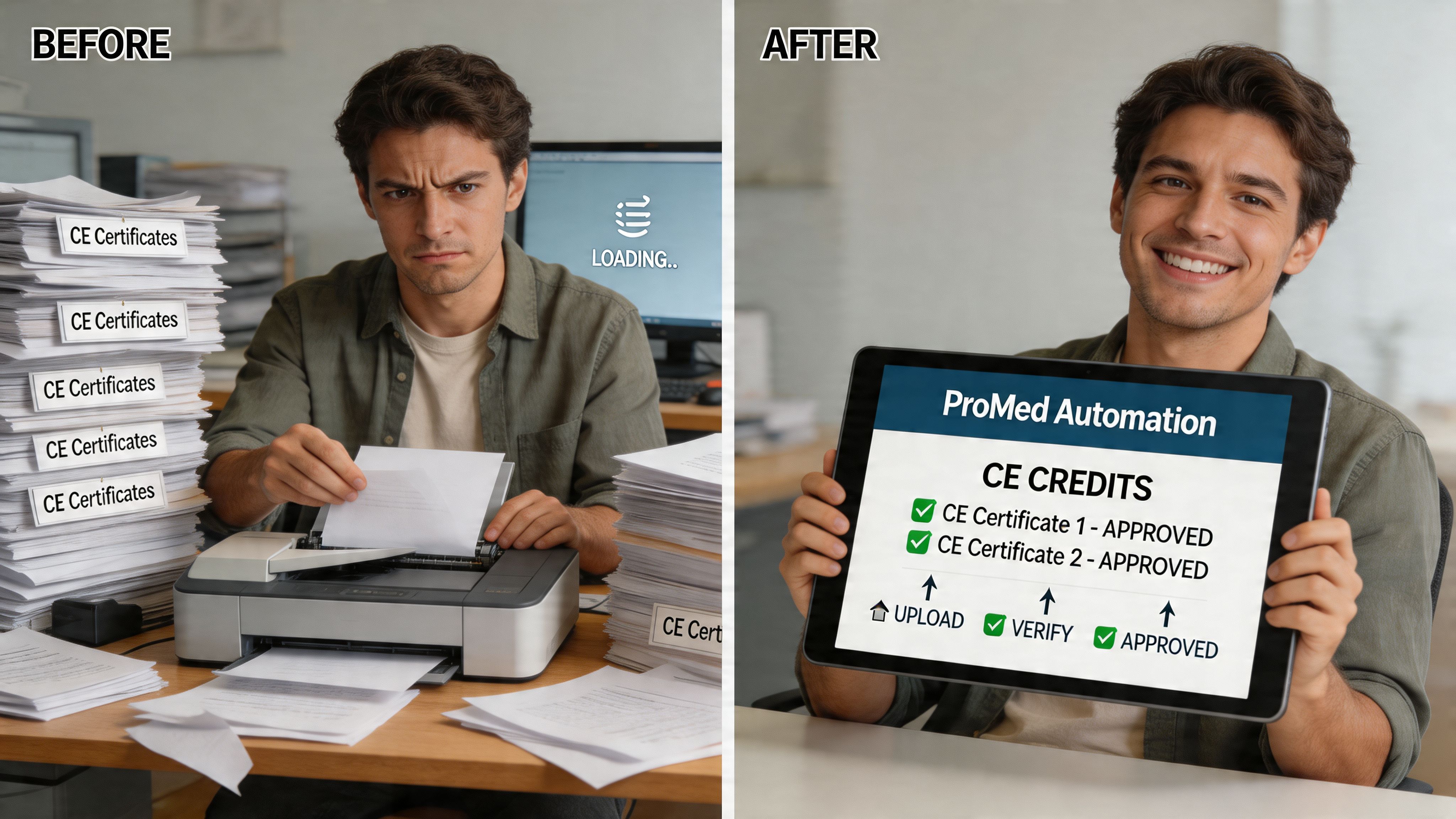 A man frustrated by piles of paperwork transitioning to a happy experience using digital automation software.