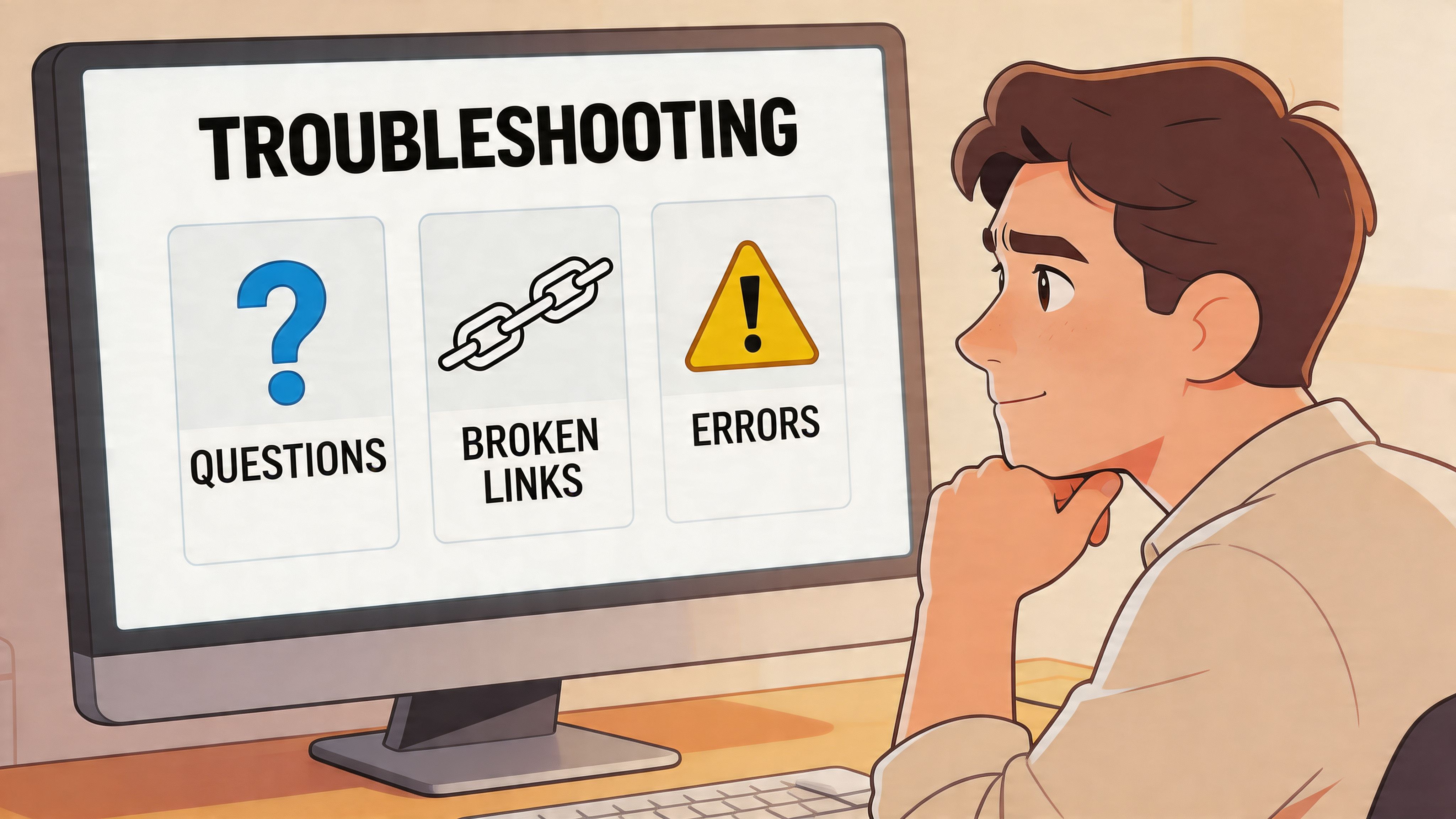 A young person thoughtfully looks at a computer screen displaying a troubleshooting menu with icons.
