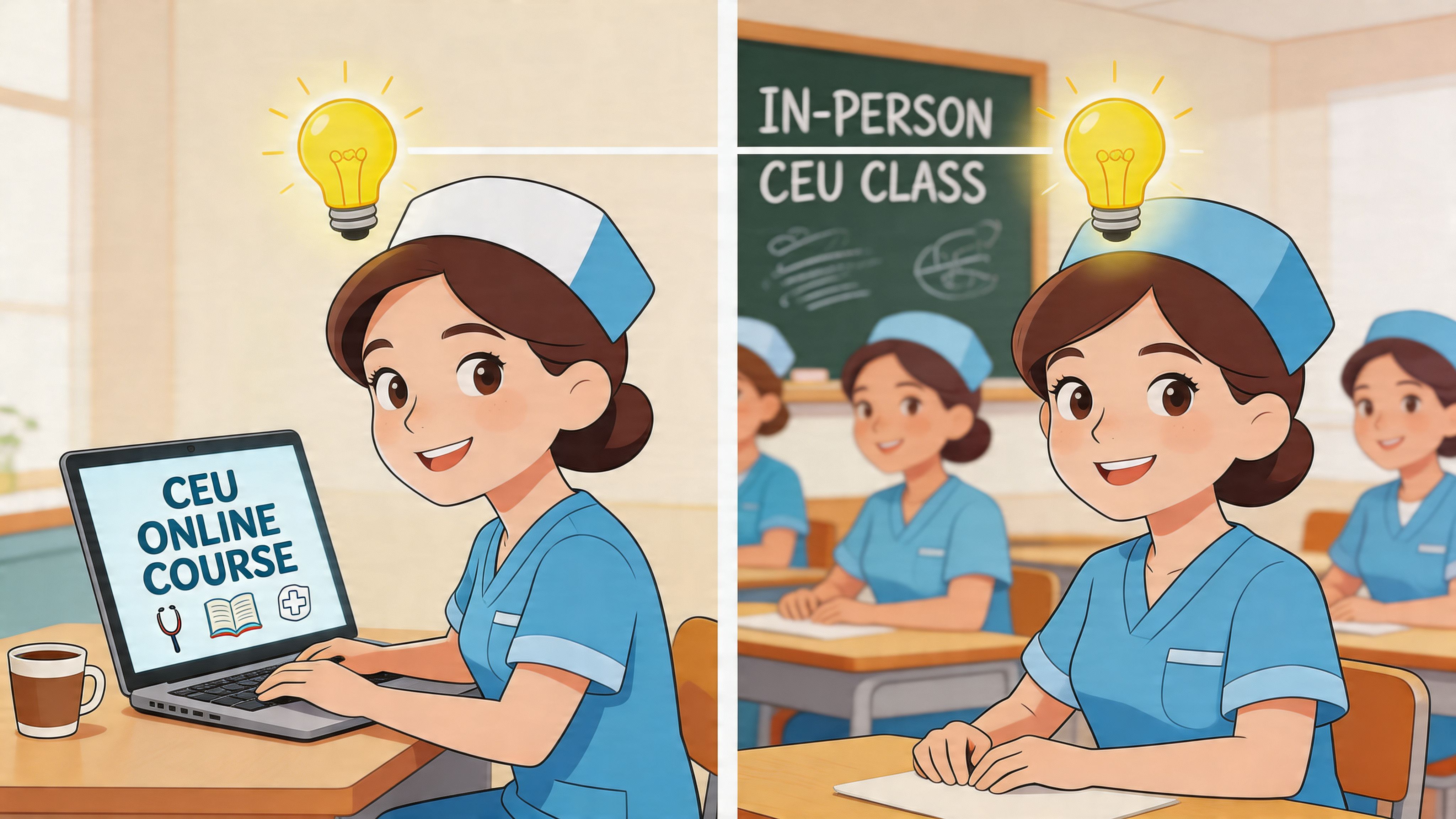 A split image comparing a nurse taking an online CEU course versus attending an in-person class.