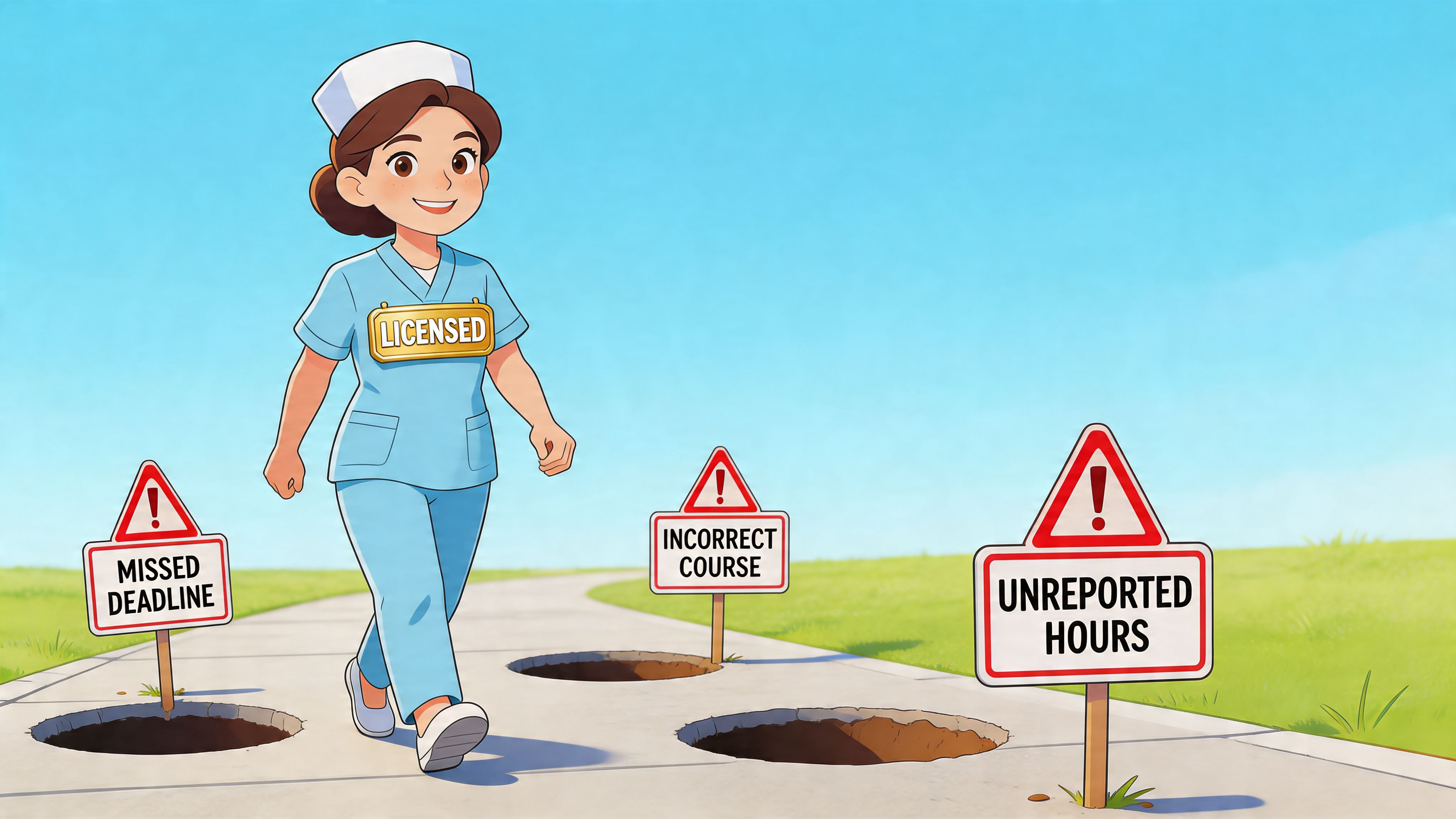 A licensed nurse walking safely past warning signs representing common continuing education pitfalls on a path.