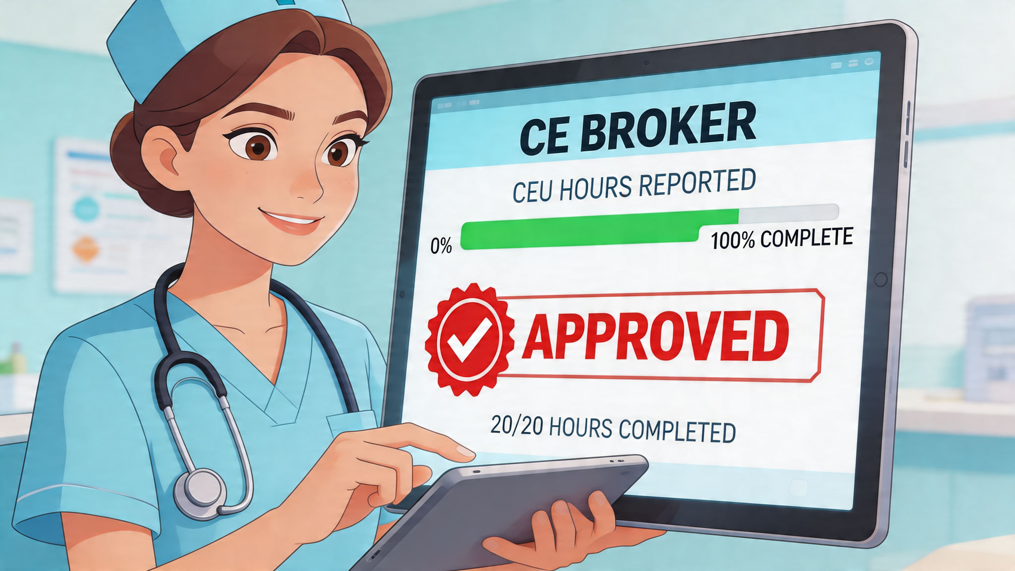 A friendly nurse smiling while holding a tablet showing 20 of 20 CEU hours completed and approved.