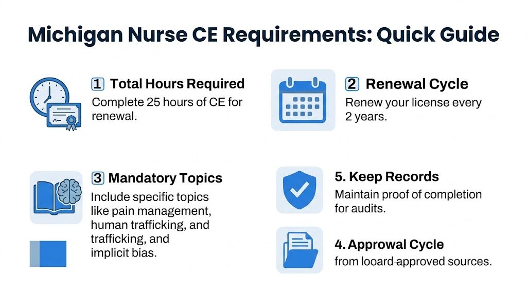 An infographic outlining the continuing education requirements for nurses in Michigan, including credit hours and mandatory topics.