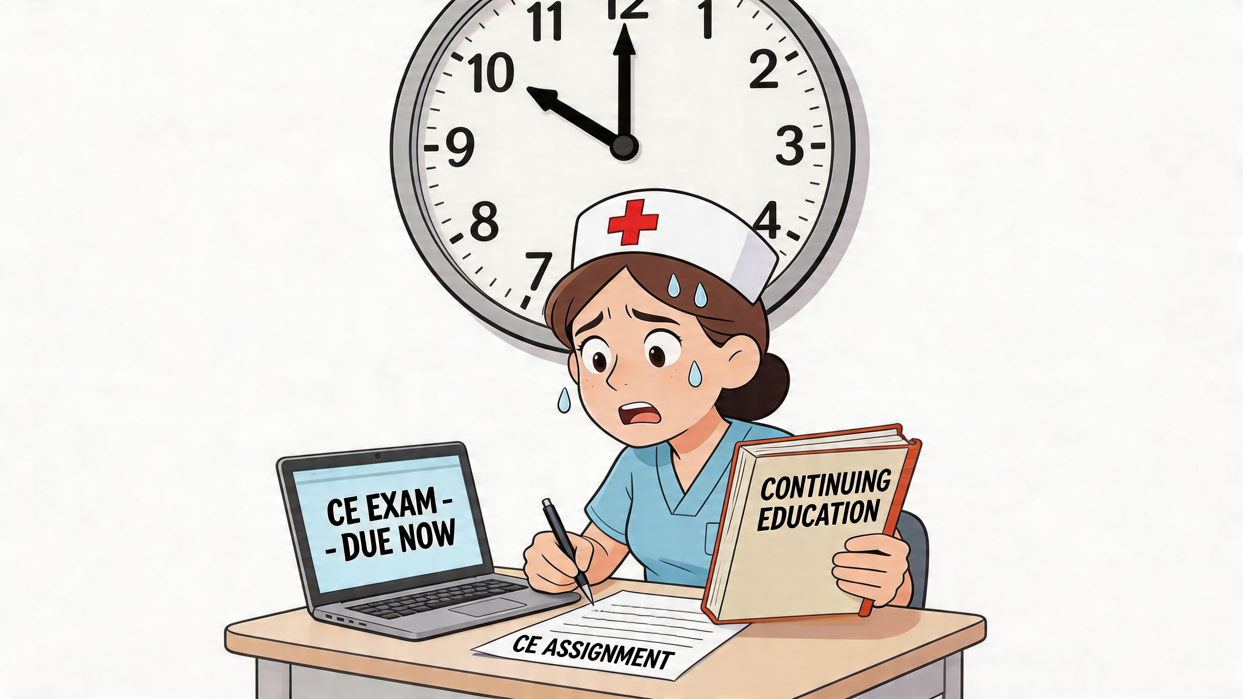 A stressed nurse looking at a computer screen showing an overdue exam while studying continuing education materials.