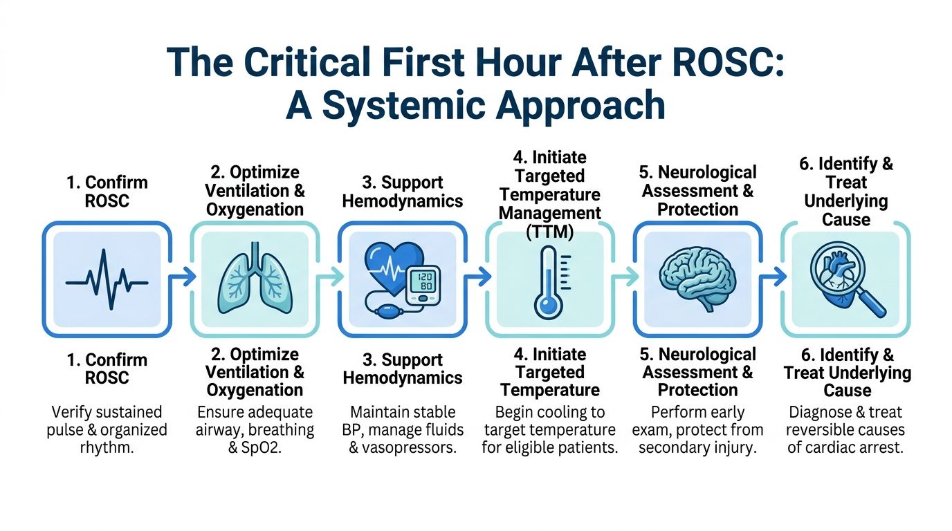 An infographic outlining the six systemic steps to take during the first hour after return of spontaneous circulation.