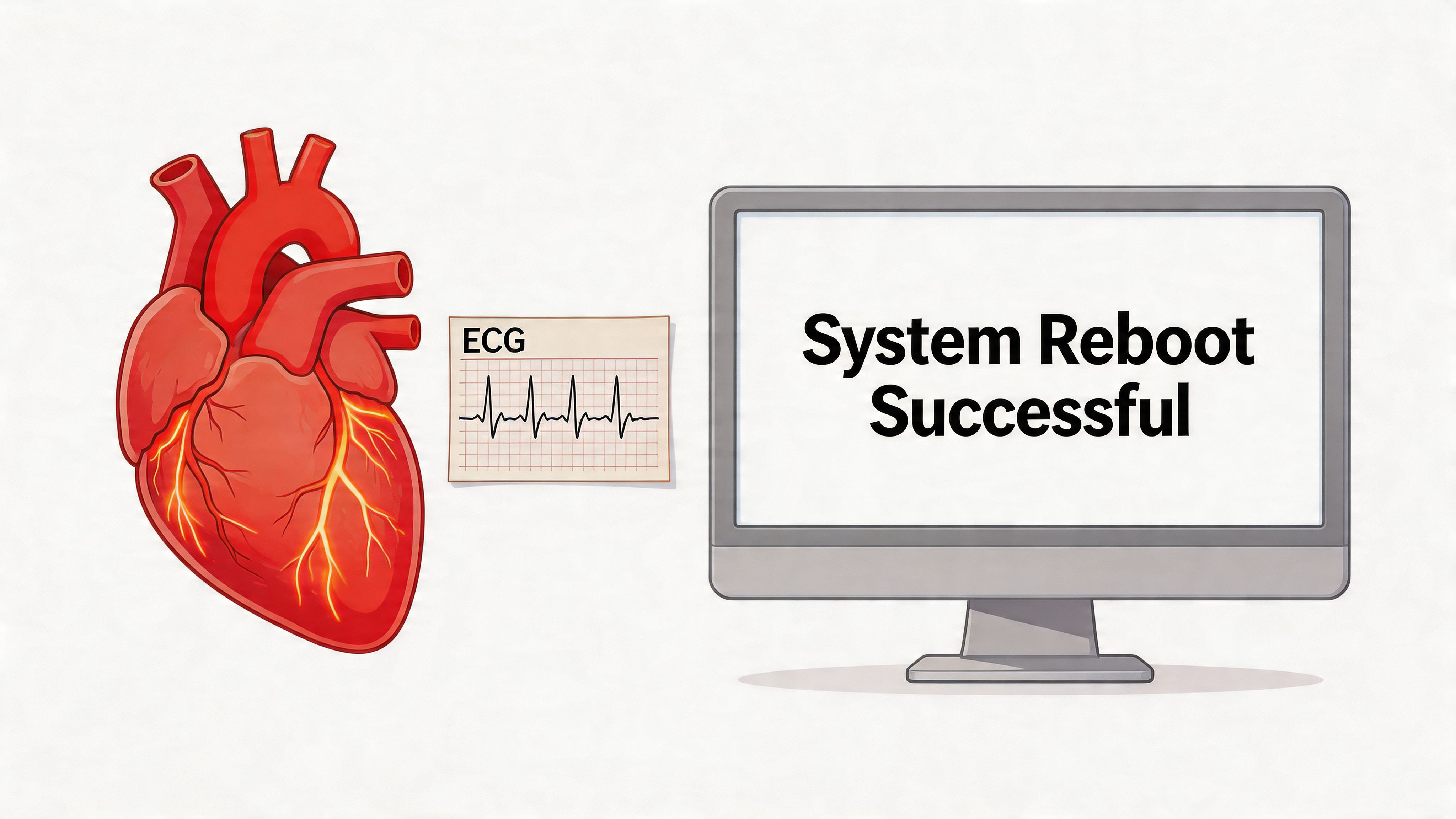 A human heart illustrated next to an ECG rhythm strip and a monitor displaying System Reboot Successful.