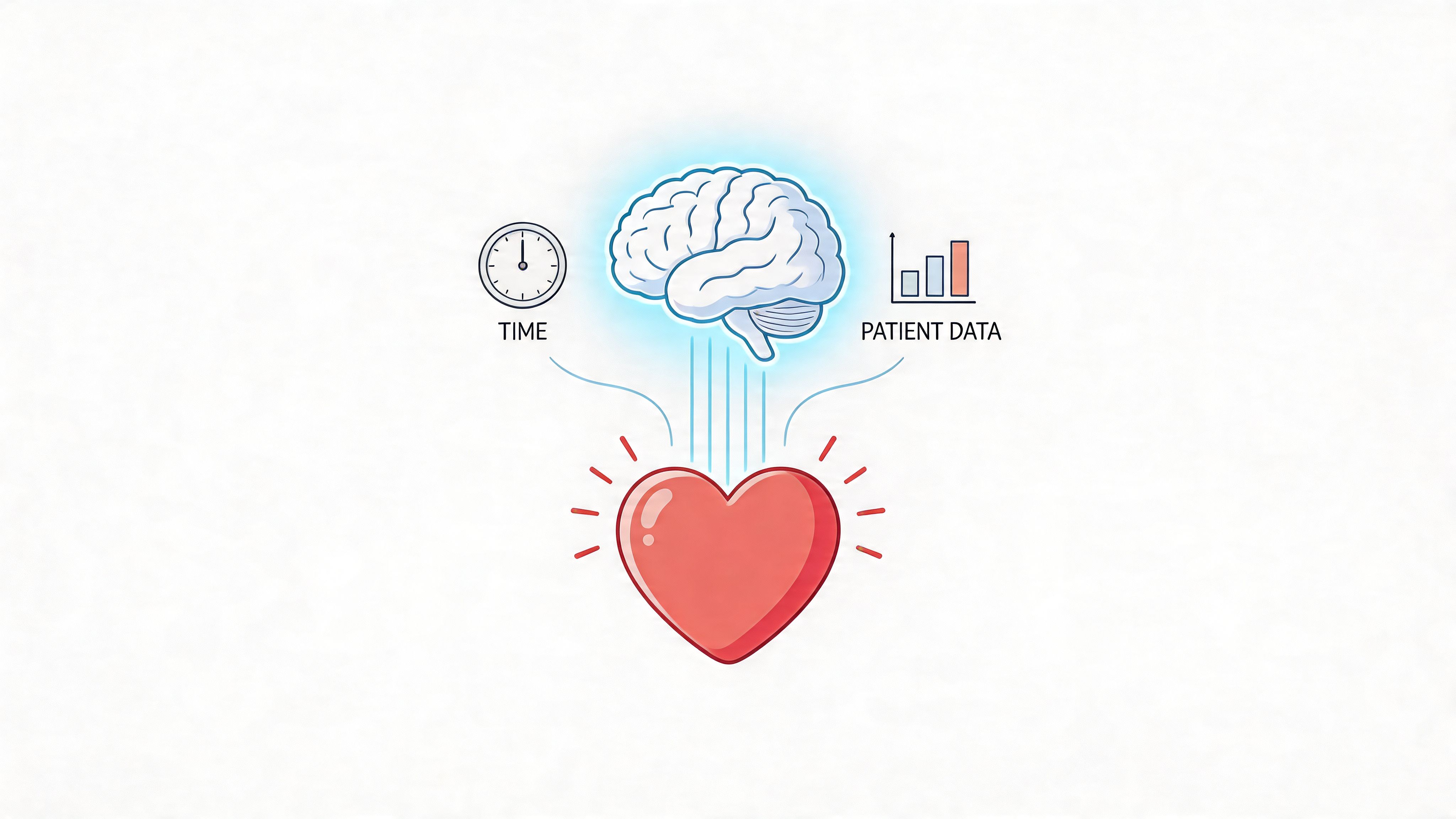 An illustration showing a brain processing time and patient data to influence a healthy red heart.