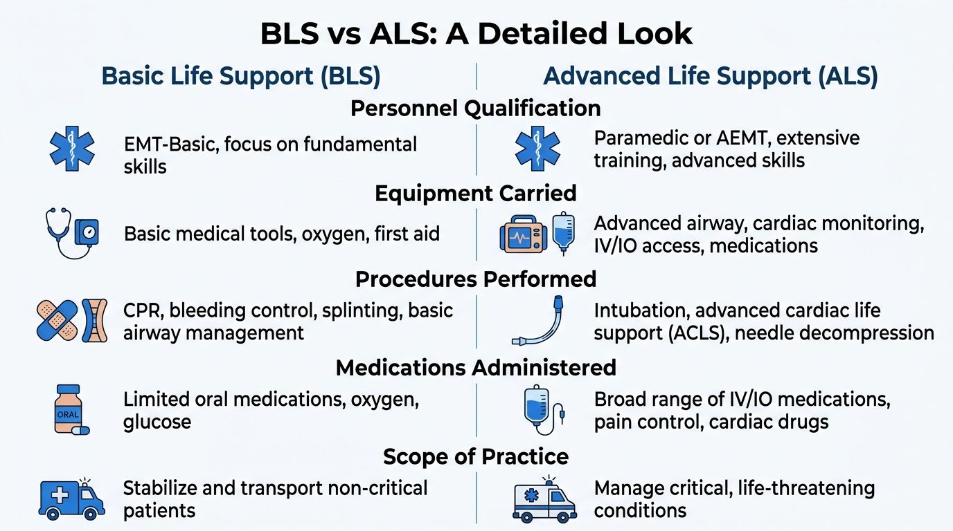 A comparison chart outlining the key differences between Basic Life Support and Advanced Life Support in medical care.