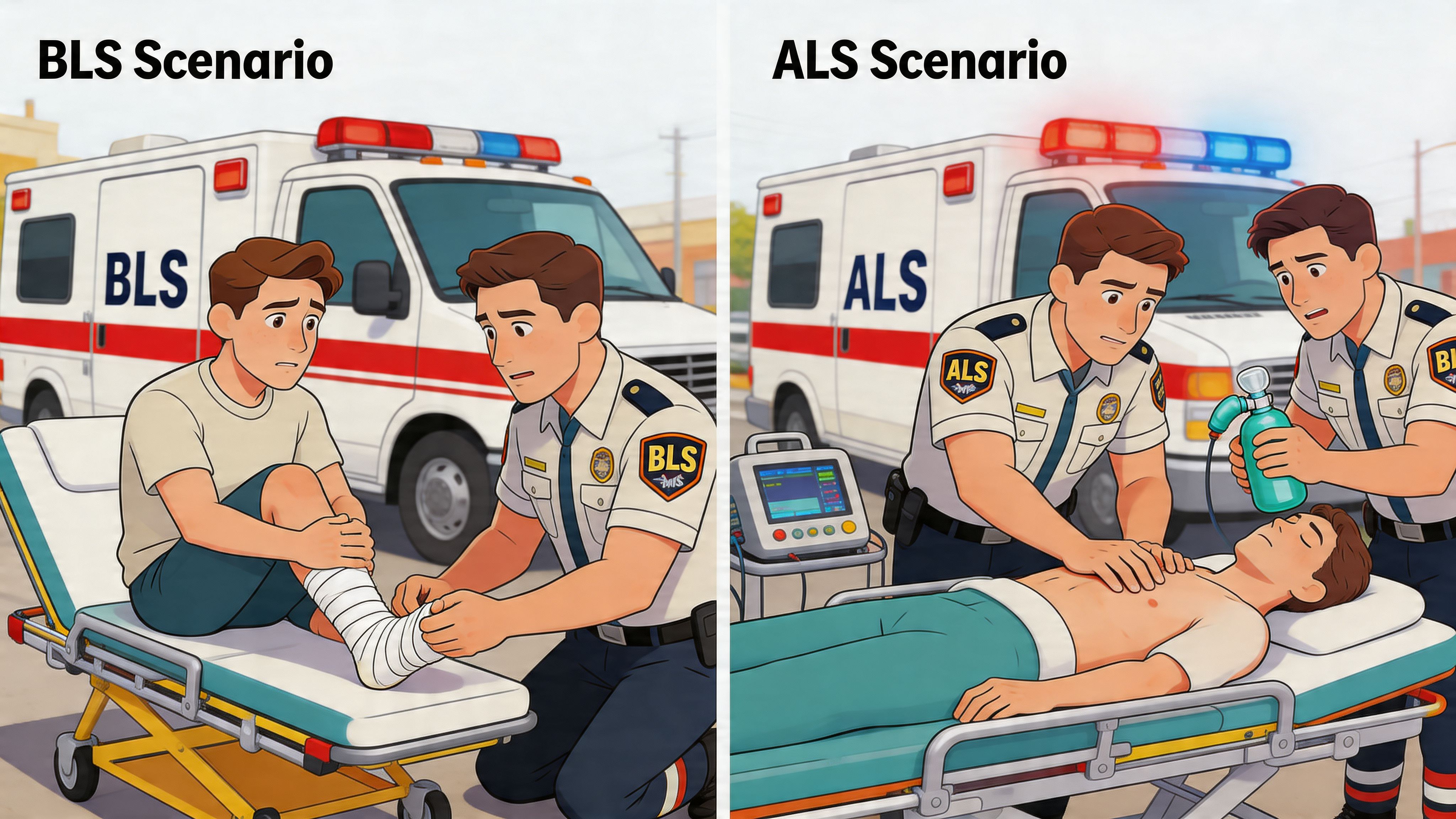 A side-by-side comparison illustrating the differences between basic life support and advanced life support medical scenarios.