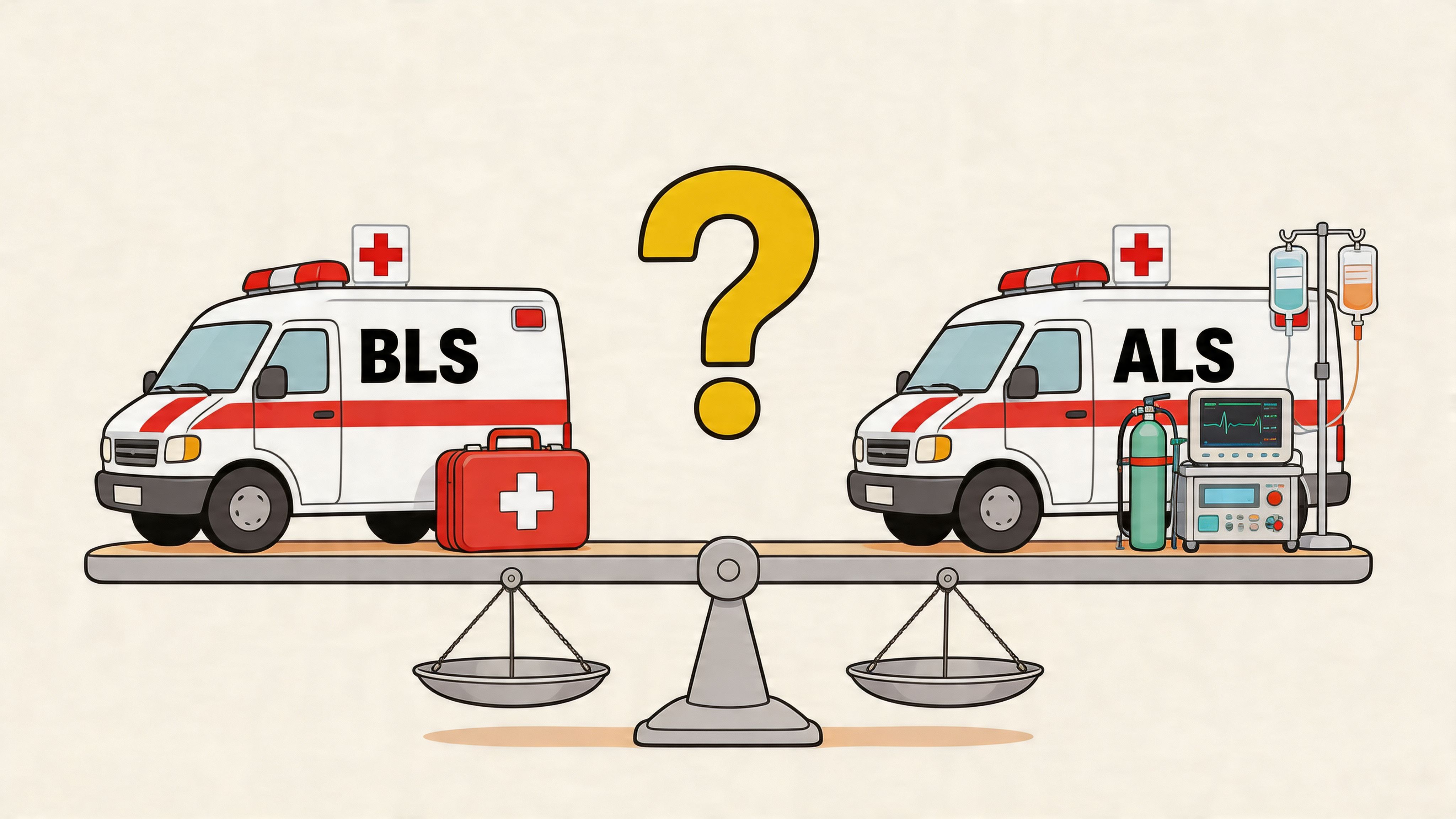 A conceptual illustration comparing Basic Life Support and Advanced Life Support ambulances on a balancing scale.