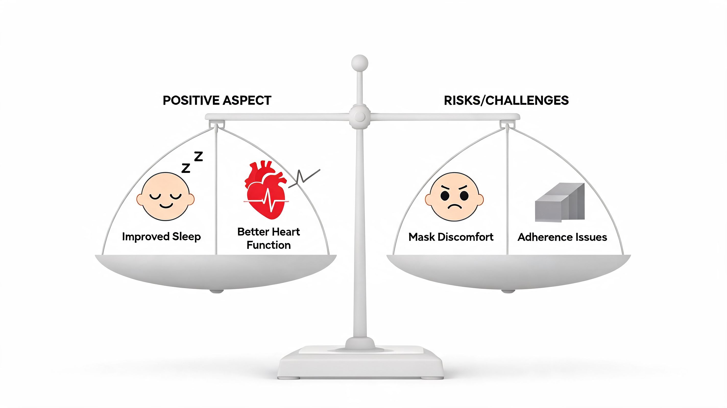 A scale comparing positive aspects like improved sleep and better heart function against risks like mask discomfort.
