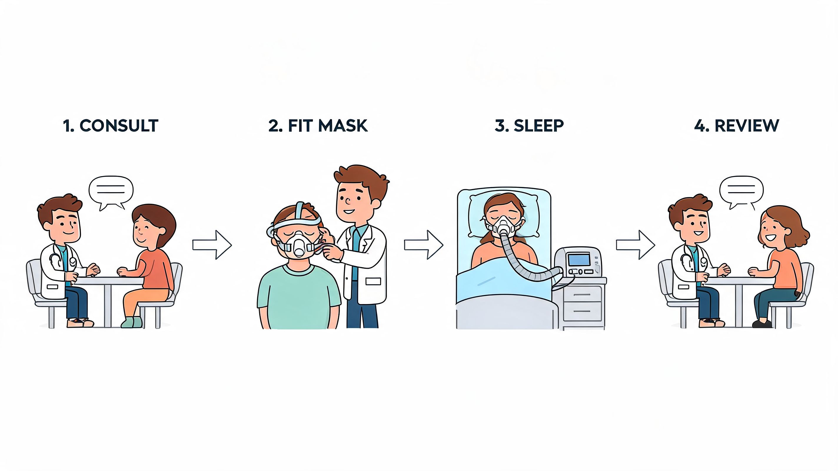 A four-step medical illustration showing a patient consulting a doctor and using a CPAP machine for therapy.