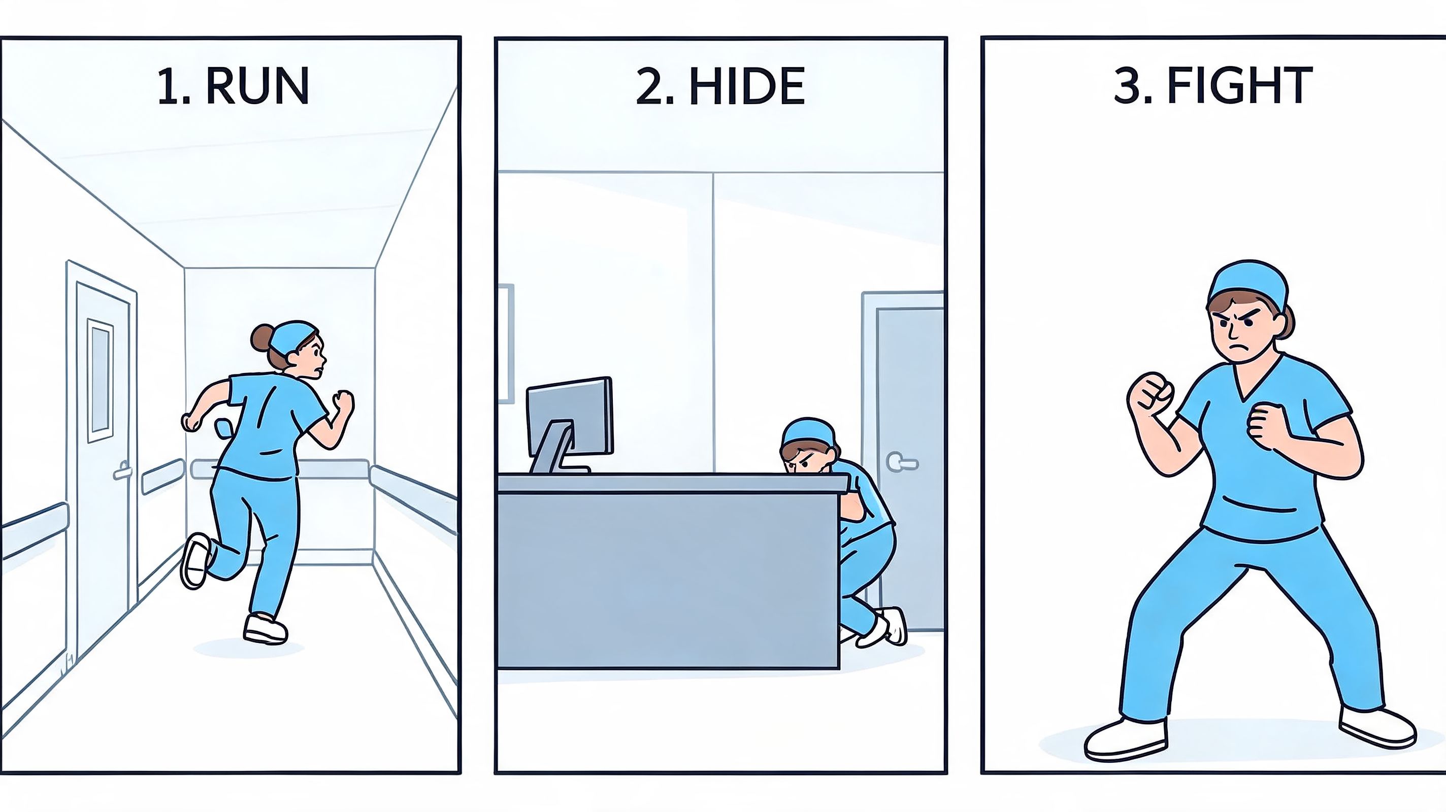 A nurse in blue scrubs demonstrating the three steps of an active shooter safety protocol: run, hide, fight.