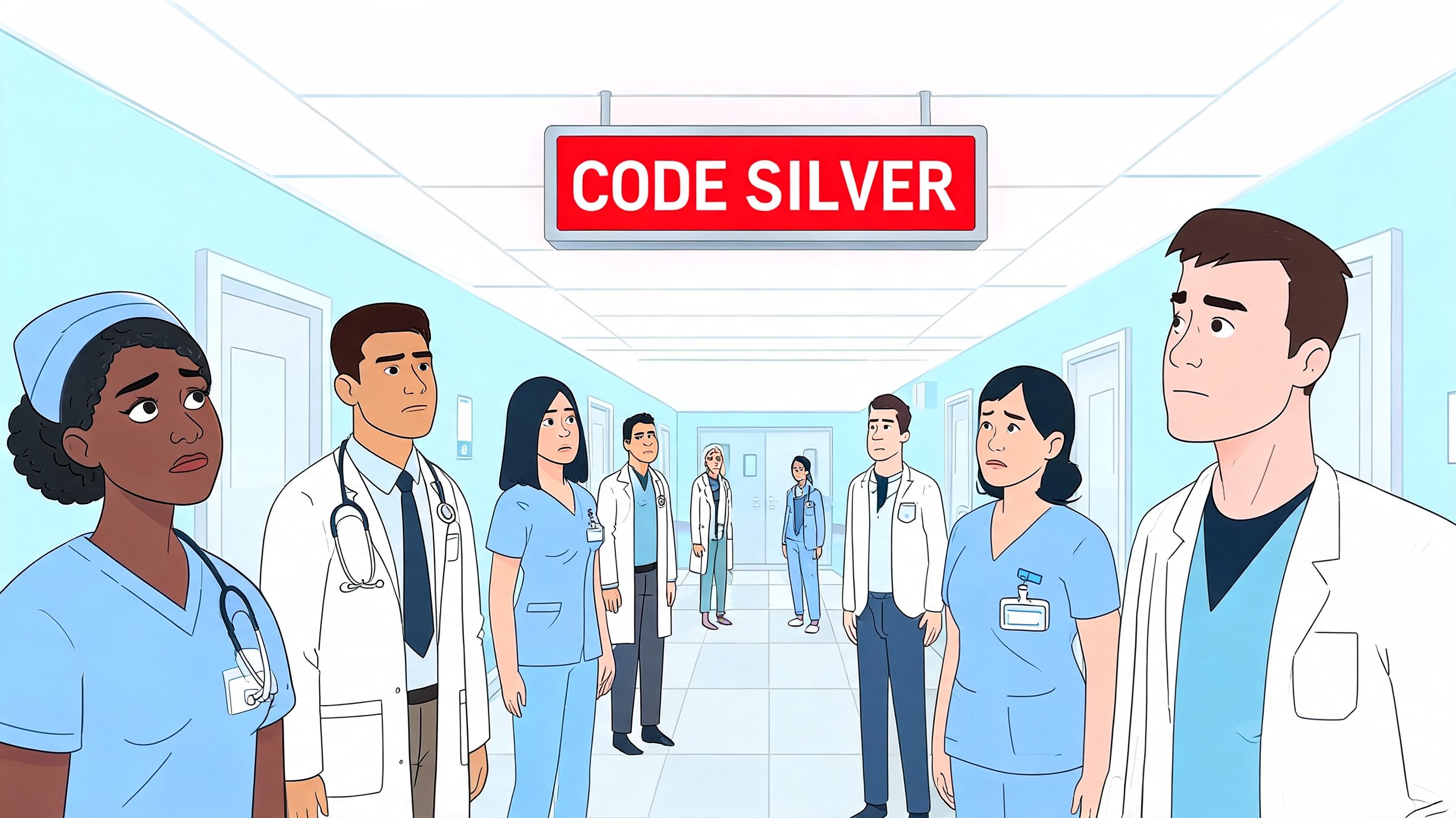 A group of concerned medical staff in a hospital hallway beneath a red Code Silver alert sign.