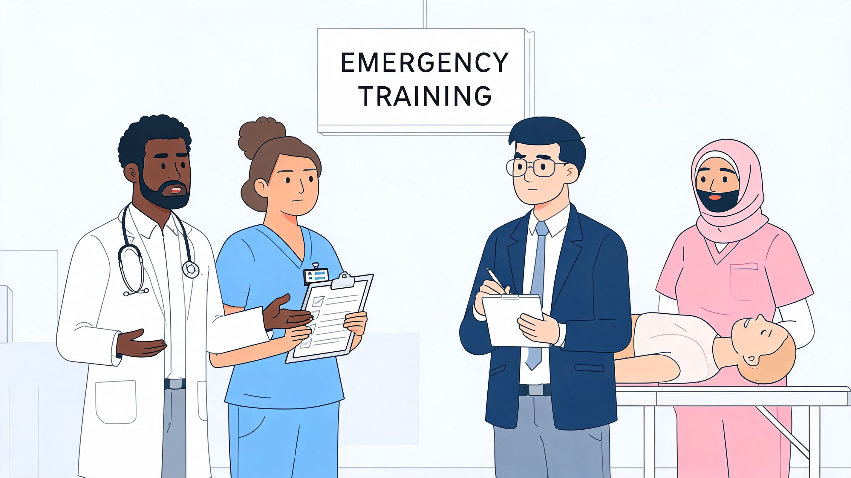 Medical staff in a hospital participating in an emergency training simulation with a patient mannequin