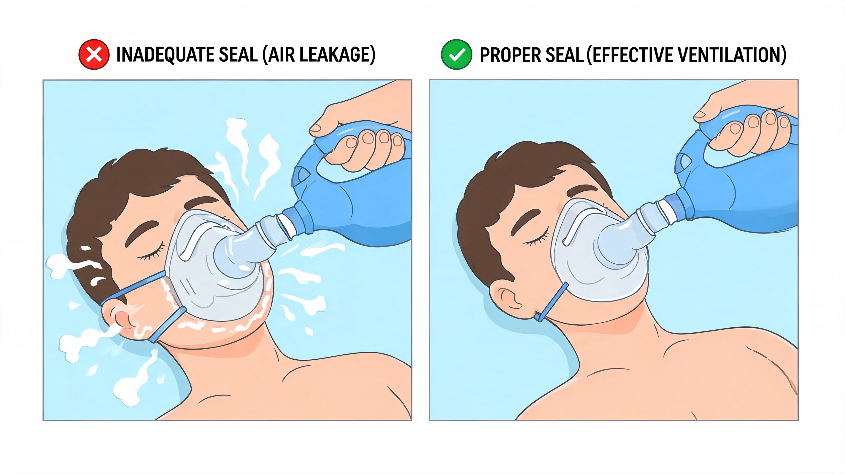 A comparison showing a patient with a leaking bag valve mask versus a properly sealed medical mask.
