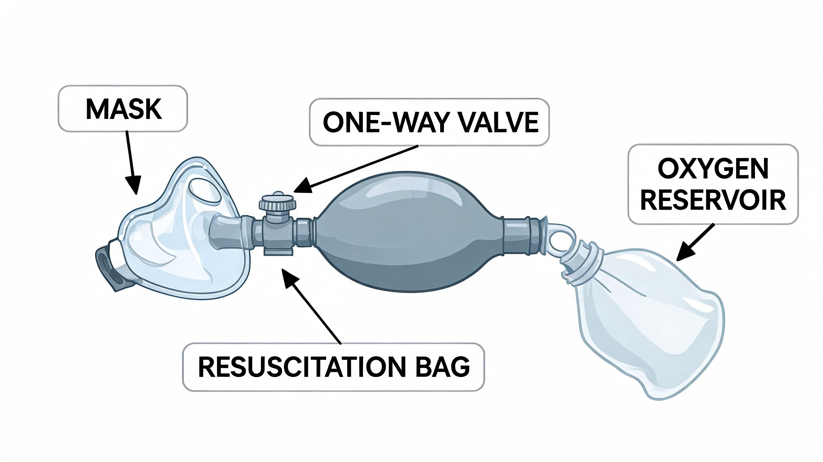 A diagram of a bag valve mask resuscitation device with labeled parts including mask, valve, and reservoir.