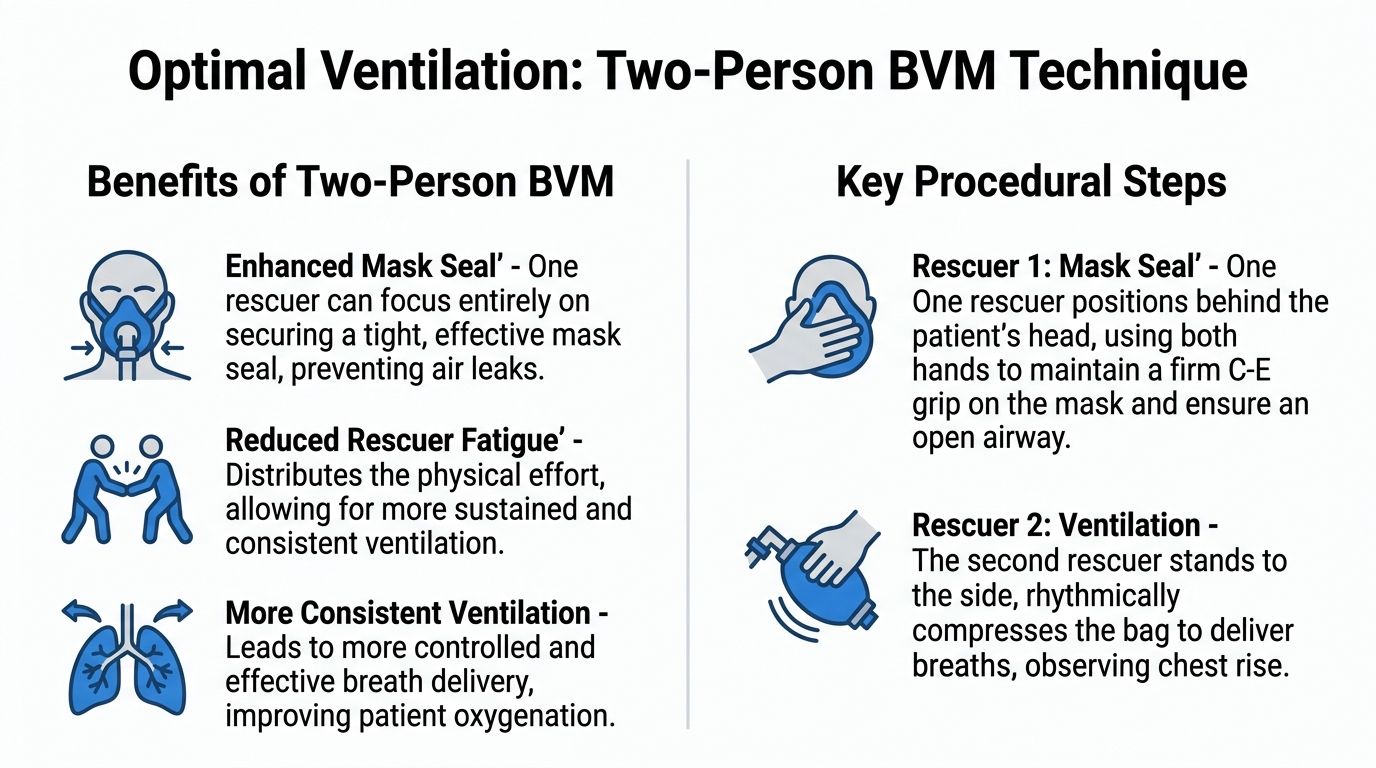 An infographic showing the benefits and procedural steps for the two-person bag valve mask ventilation technique.