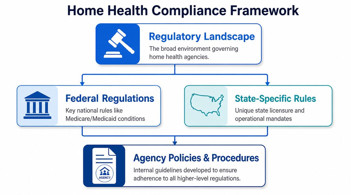 A diagram illustrating the home health compliance framework, showing federal, state, and agency policy levels.