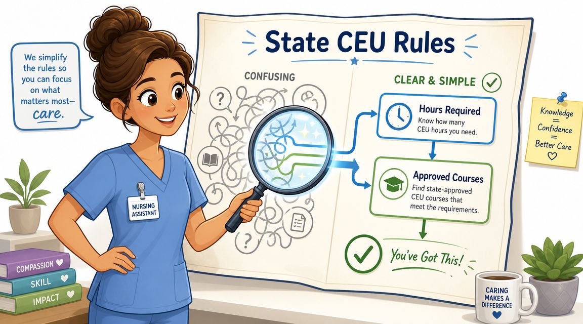A friendly nursing assistant explaining how to simplify state CEU requirements using a clear, illustrated guide.