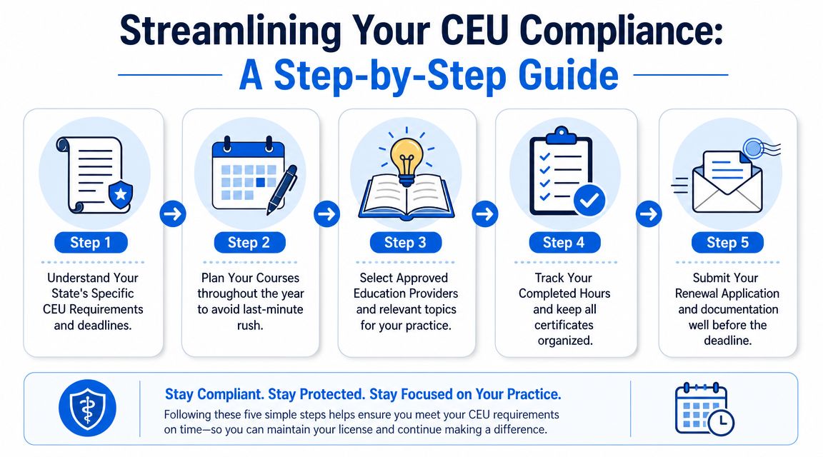 A step-by-step infographic titled Streamlining Your CEU Compliance illustrating five steps for maintaining professional continuing education requirements.