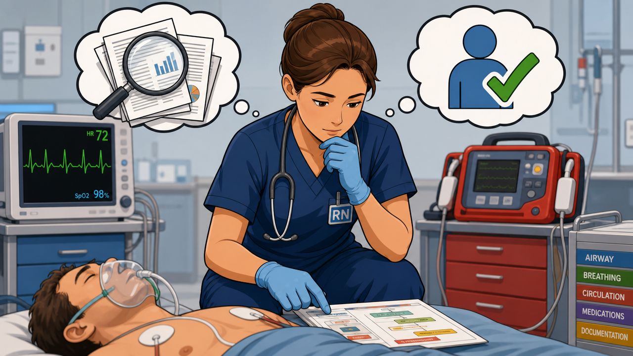 A registered nurse reviews medical documentation and protocols while providing care to an unconscious patient in hospital.