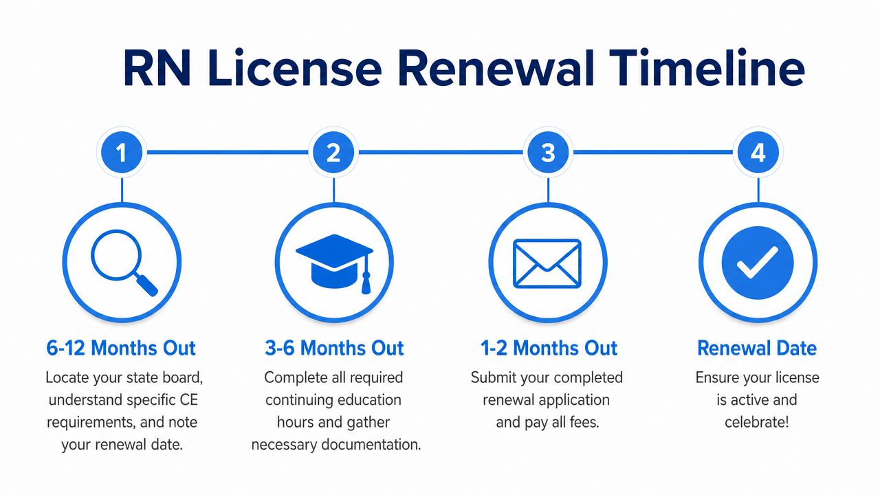 A four-step infographic illustrating the professional RN license renewal timeline from initial planning to completion.