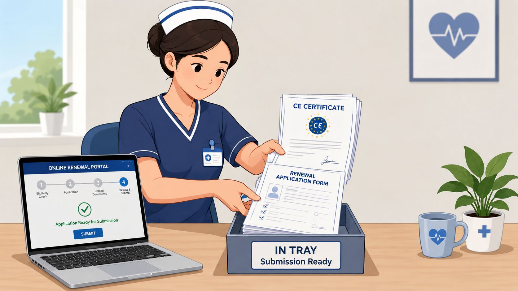 A smiling nurse preparing documents for an online registered nurse license renewal on her laptop computer.
