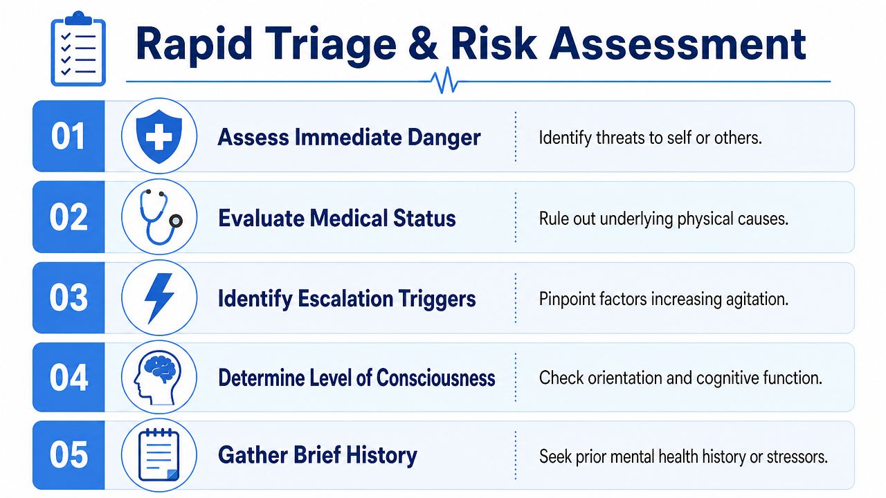 A five-step instructional graphic titled Rapid Triage and Risk Assessment for managing mental health crisis situations.