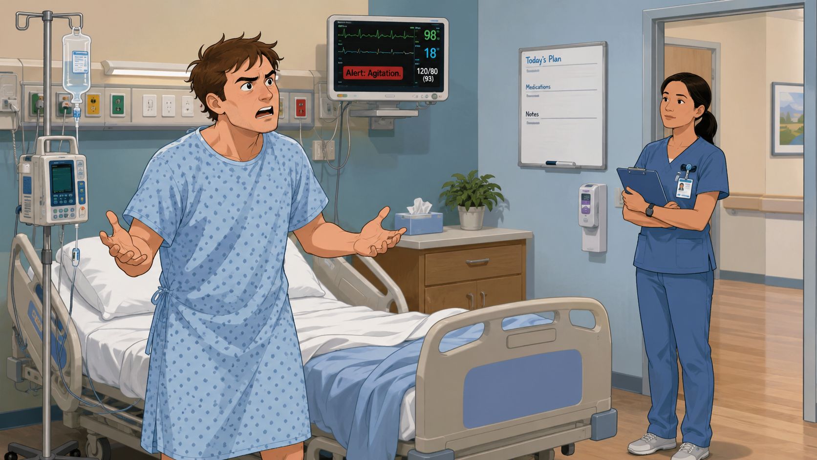A distressed male patient in a hospital gown gestures towards a calm nurse standing with a clipboard.