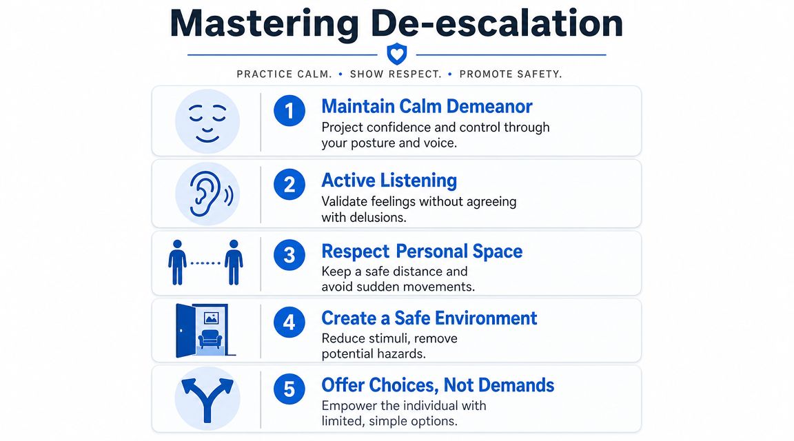 A guide titled Mastering De-escalation listing five steps for managing situations, including maintaining calm and active listening.