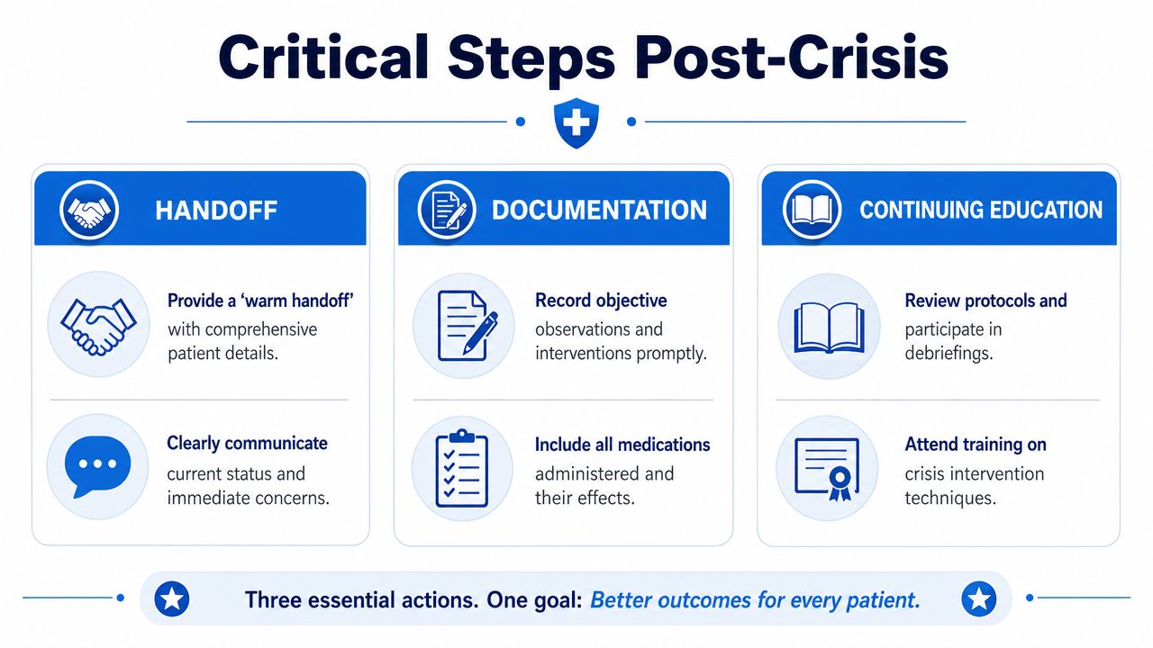 An infographic outlining three critical post-crisis steps for healthcare professionals: handoff, documentation, and continuing education.
