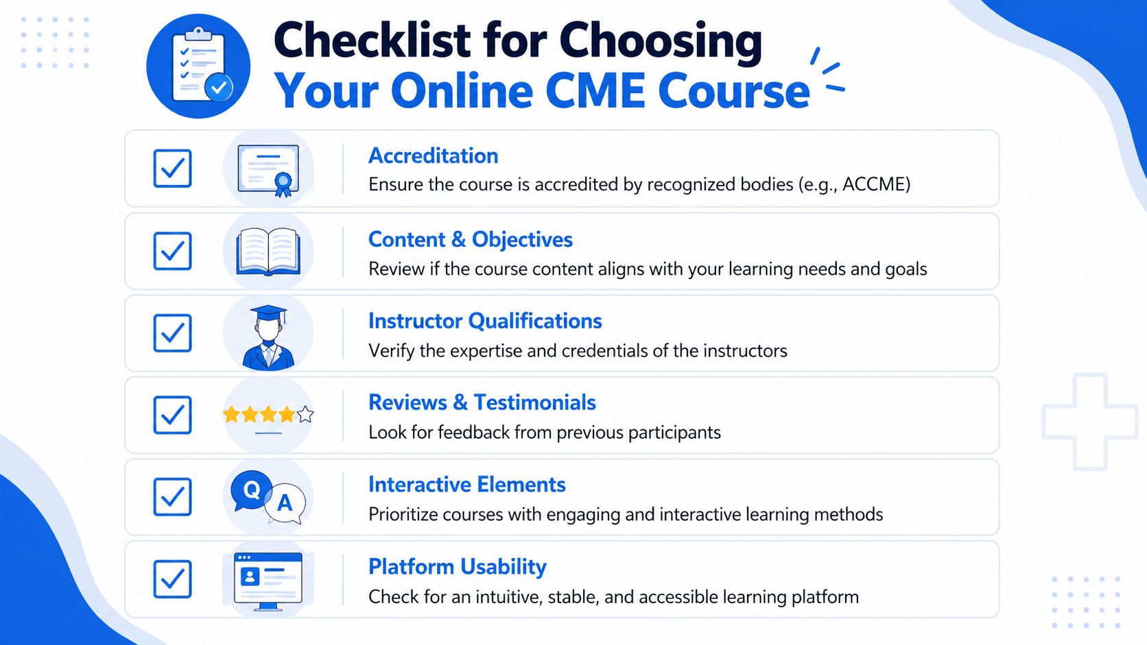 A checklist graphic providing six key criteria to consider when selecting an online CME medical education course.