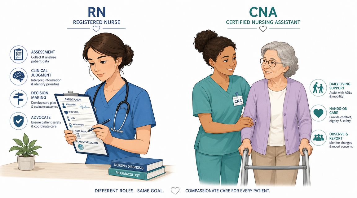 A comparative infographic showing the distinct roles of a Registered Nurse and a Certified Nursing Assistant.