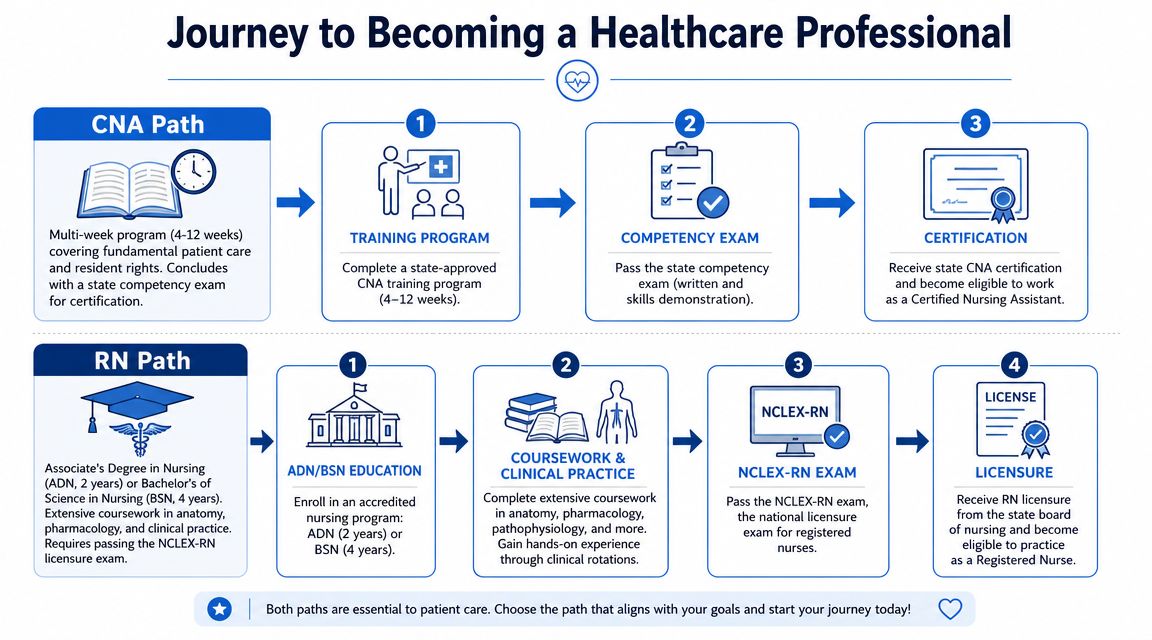An infographic detailing the educational paths and requirements for becoming a Certified Nursing Assistant and Registered Nurse.