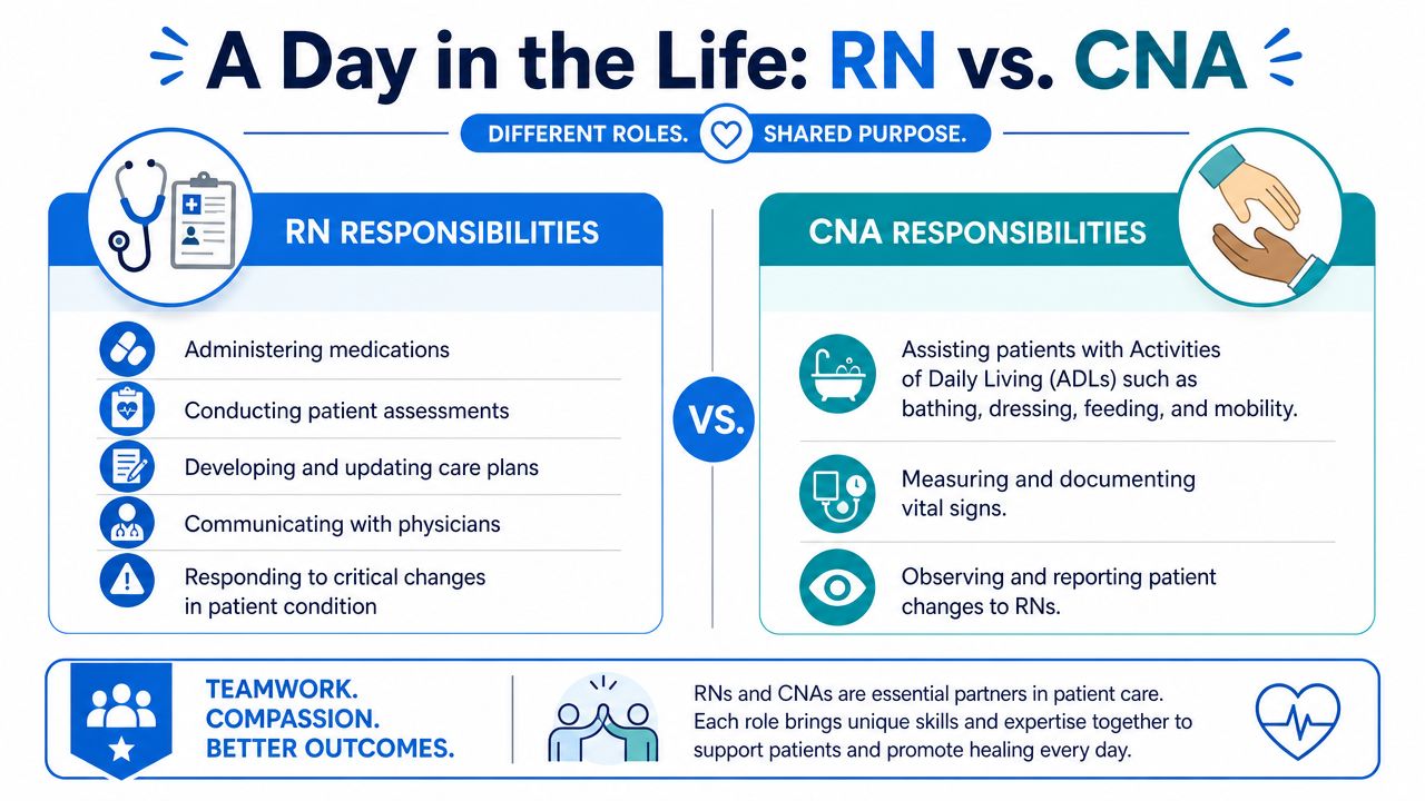 An infographic comparing the roles and responsibilities of Registered Nurses and Certified Nursing Assistants in healthcare.