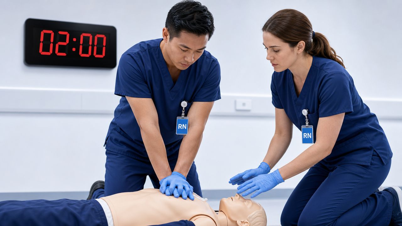Two medical professionals performing CPR training on a medical manikin in a classroom setting.