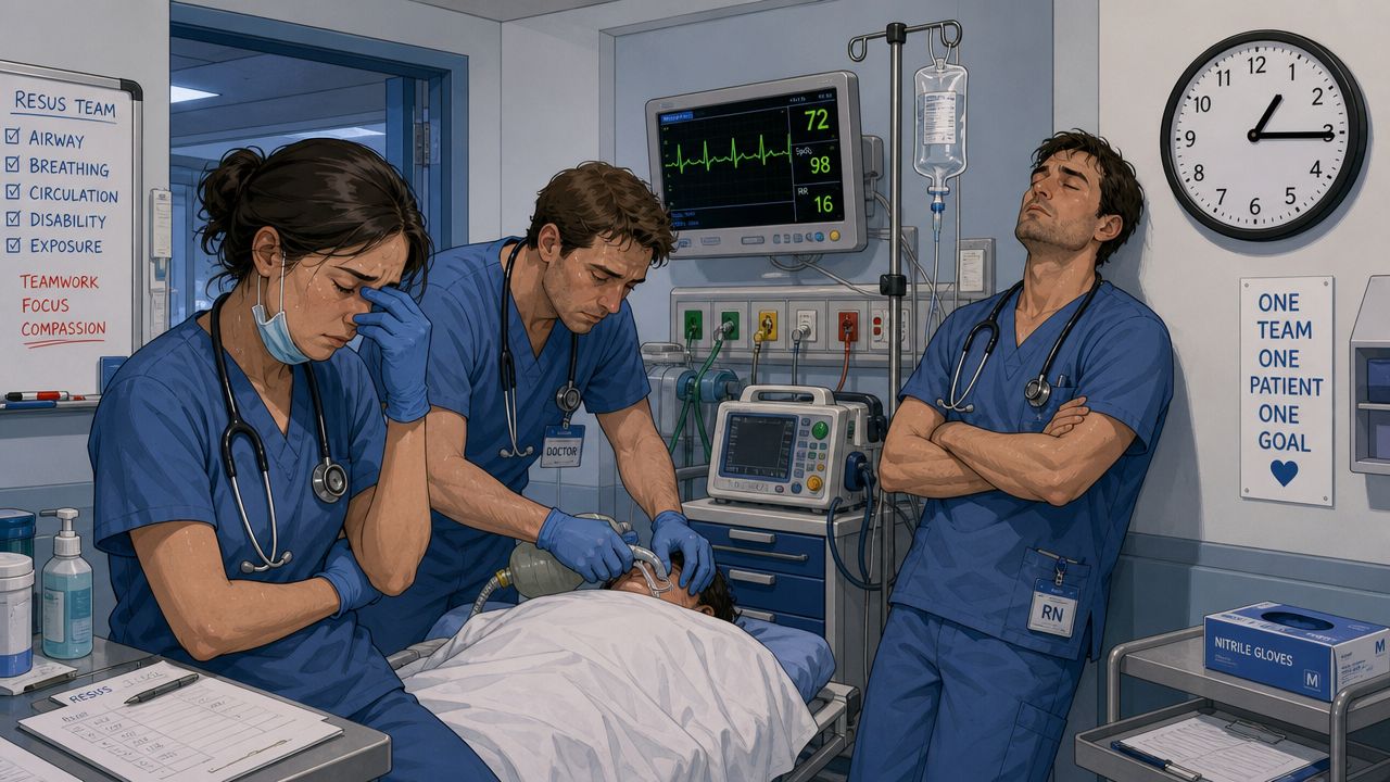 Exhausted medical staff caring for a patient in an intensive care unit room during a long shift.