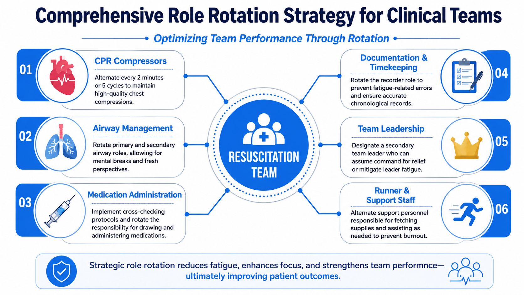 A diagram illustrating the Comprehensive Role Rotation Strategy for clinical resuscitation teams to prevent burnout and improve outcomes.
