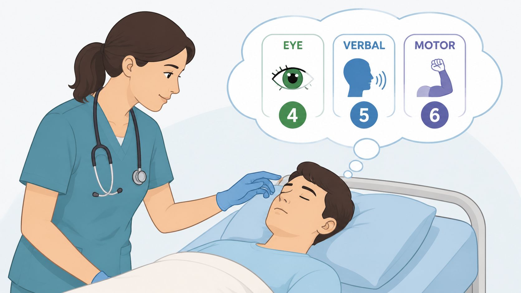 A female nurse in scrubs examining a patient in a hospital bed with Glasgow Coma Scale indicators.