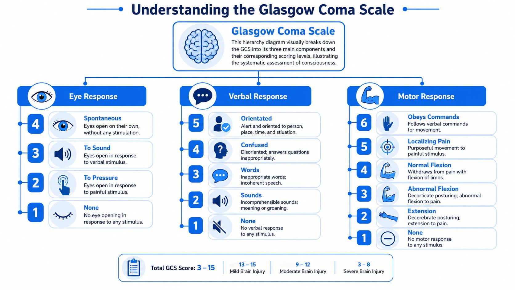 A diagnostic chart illustrating the three components of the Glasgow Coma Scale: Eye, Verbal, and Motor responses.