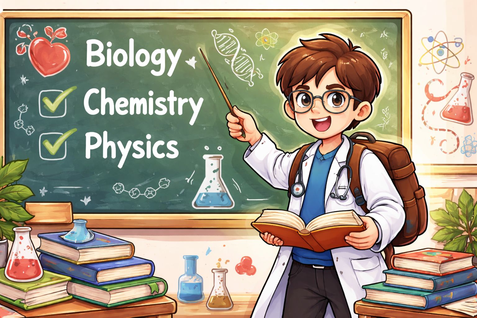 An anime style boy student scientist with a book and pointer standing in front of a chalkboard.