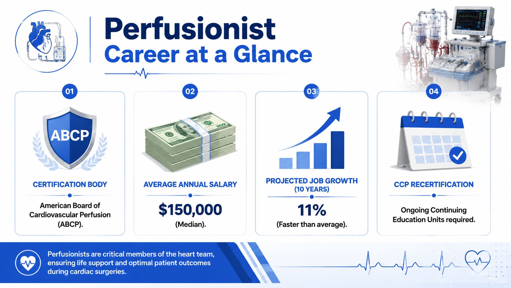 An infographic titled Perfusionist Career at a Glance detailing certification, salary, job growth, and recertification requirements.