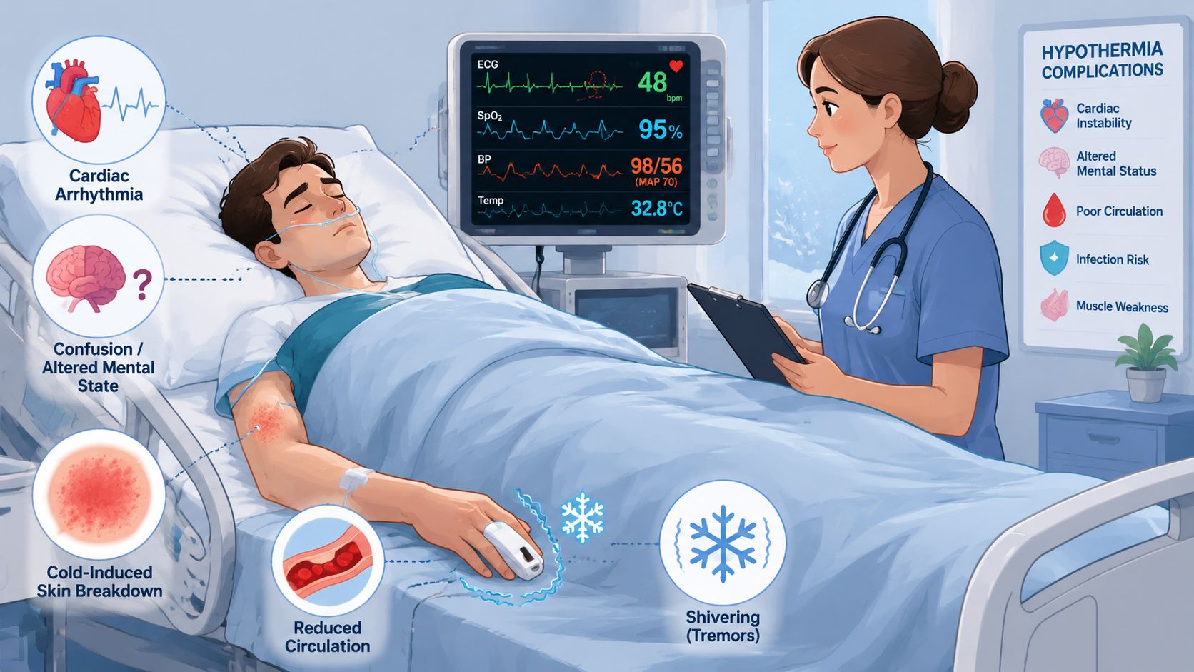 A medical illustration shows a nurse monitoring a patient receiving targeted temperature management for hypothermia in hospital.
