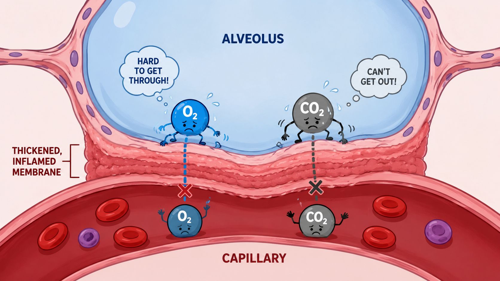 A diagram showing a thickened, inflamed membrane preventing oxygen and carbon dioxide gas exchange in lungs.