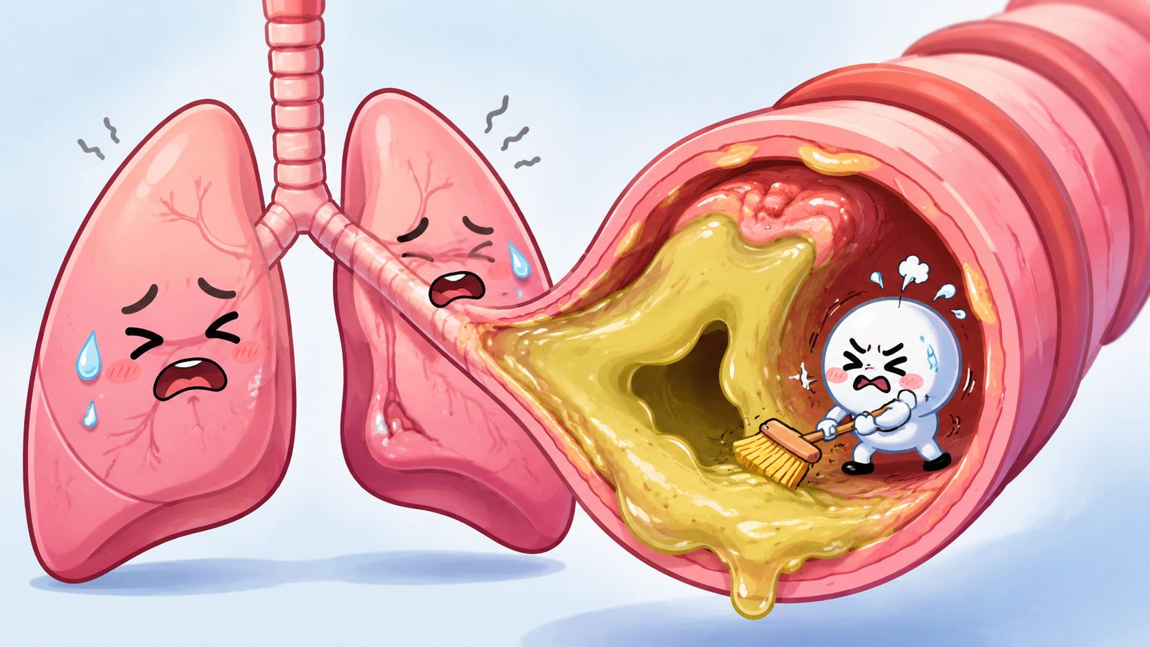 An illustration of human lungs suffering from asthma showing inflammation and a character cleaning excess mucus.